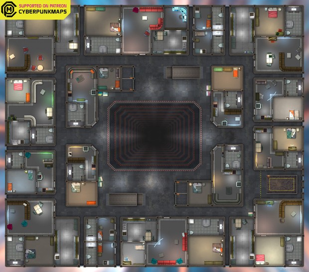 cyberpunk apartment map, carte de JDR science-fiction (620×547 pixels) — battlemap pour Roll20 et Foundry VTT.