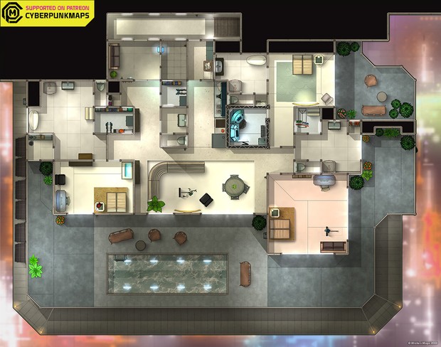 cyberpunk apartment map, carte de JDR science-fiction (620×488 pixels) — battlemap pour Roll20 et Foundry VTT.