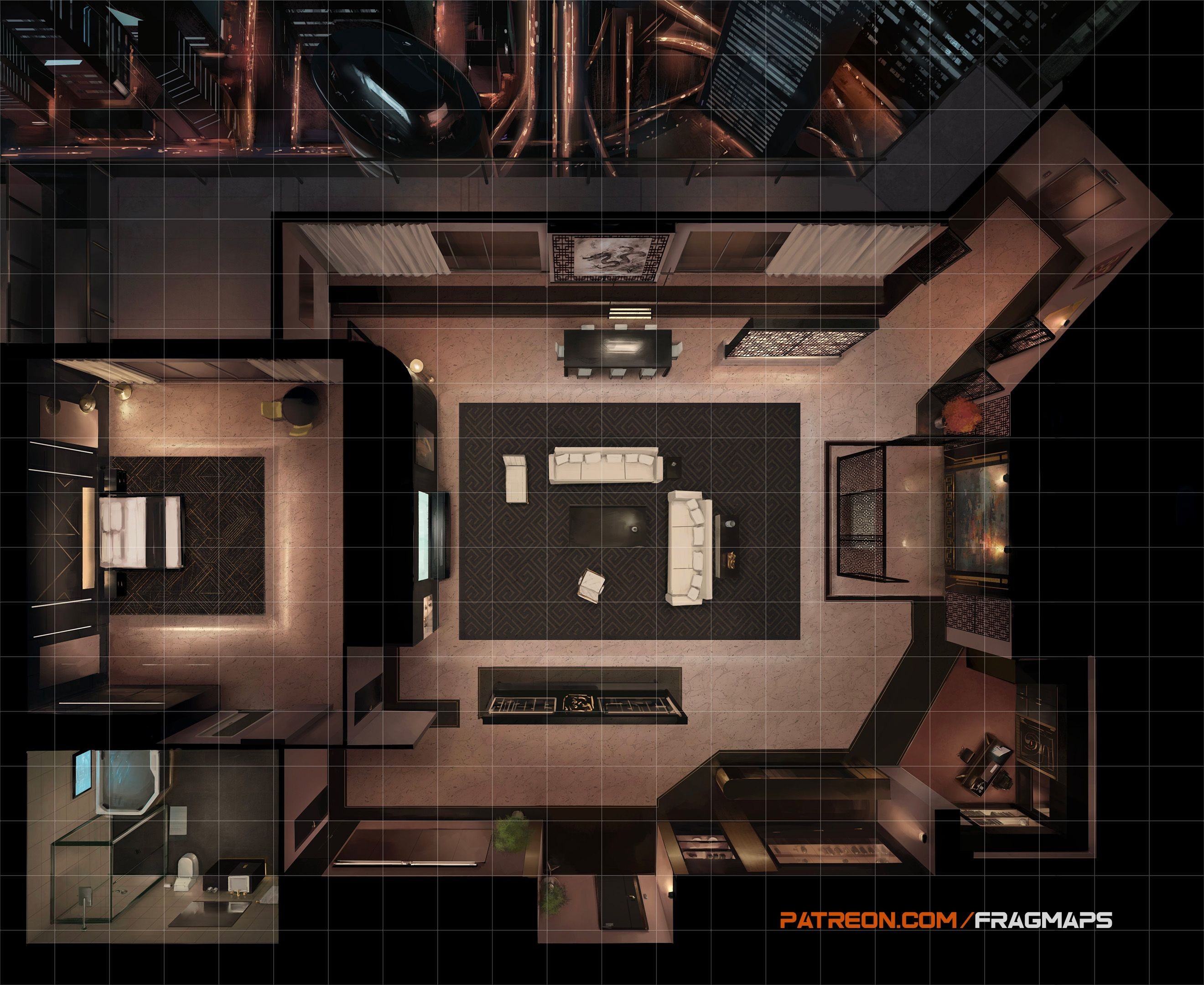 cyberpunk apartment map, carte de JDR science-fiction (2640×2160 pixels) — battlemap pour Roll20 et Foundry VTT.
