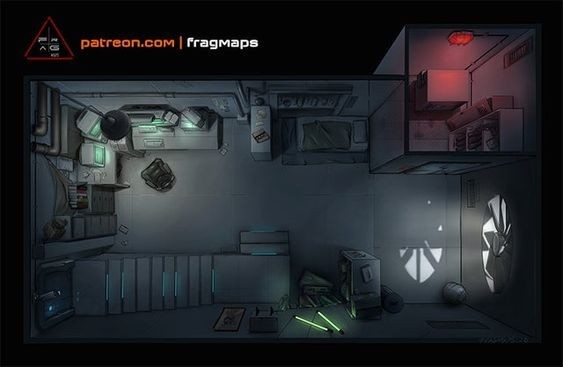 cyberpunk apartment map, carte de JDR science-fiction (563×367 pixels) — battlemap pour Roll20 et Foundry VTT.