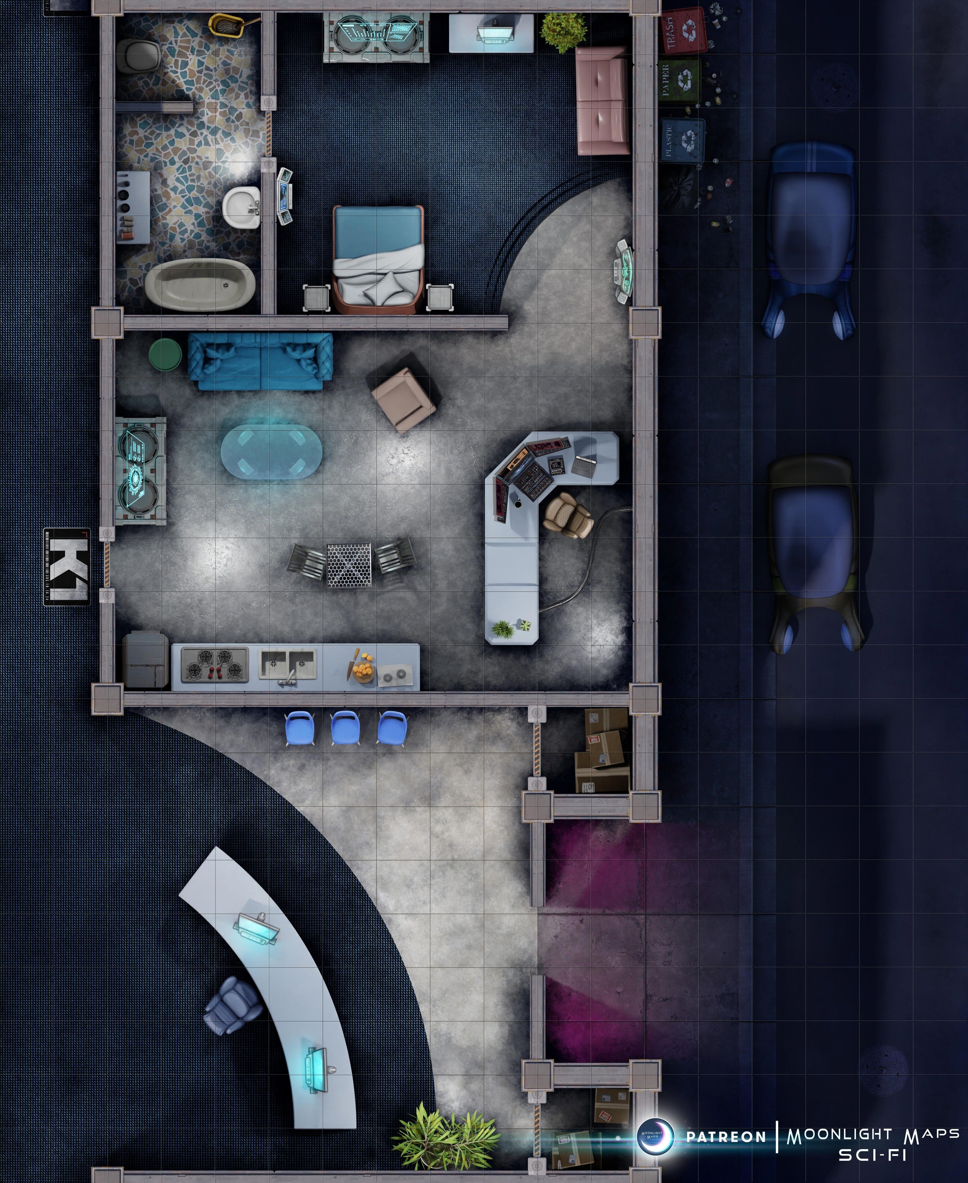 cyberpunk apartment map, carte de JDR science-fiction (3272×4000 pixels) — battlemap pour Roll20 et Foundry VTT.