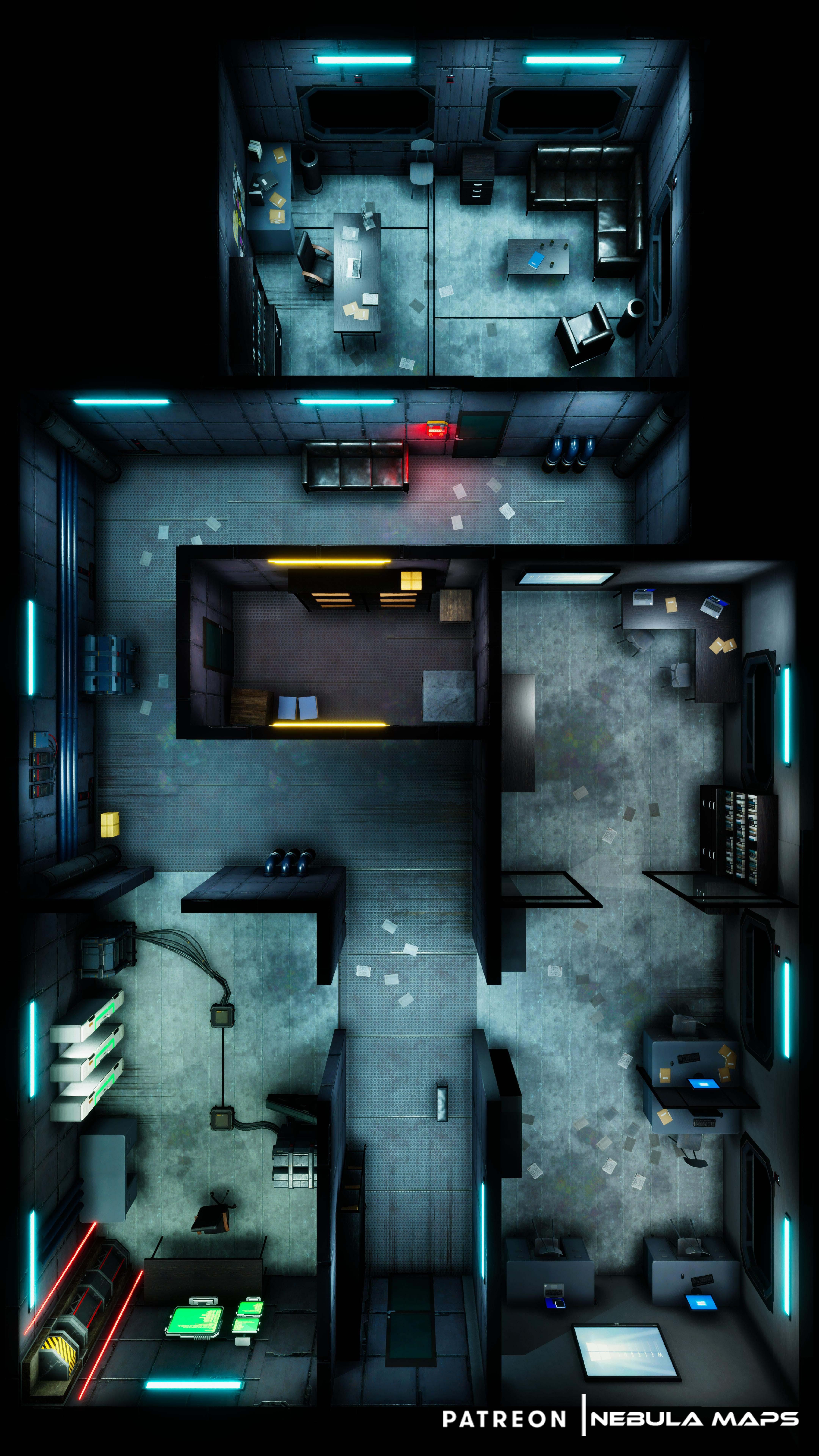 cyberpunk apartment map, carte de JDR science-fiction (4320×7680 pixels) — battlemap pour Roll20 et Foundry VTT.
