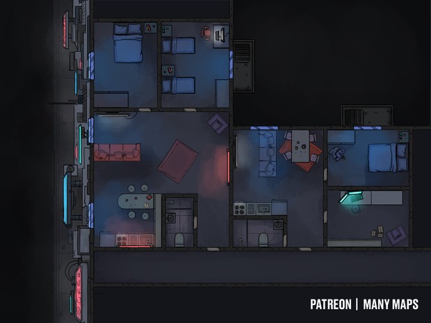 cyberpunk apartment map, carte de JDR science-fiction (620×465 pixels) — battlemap pour Roll20 et Foundry VTT.