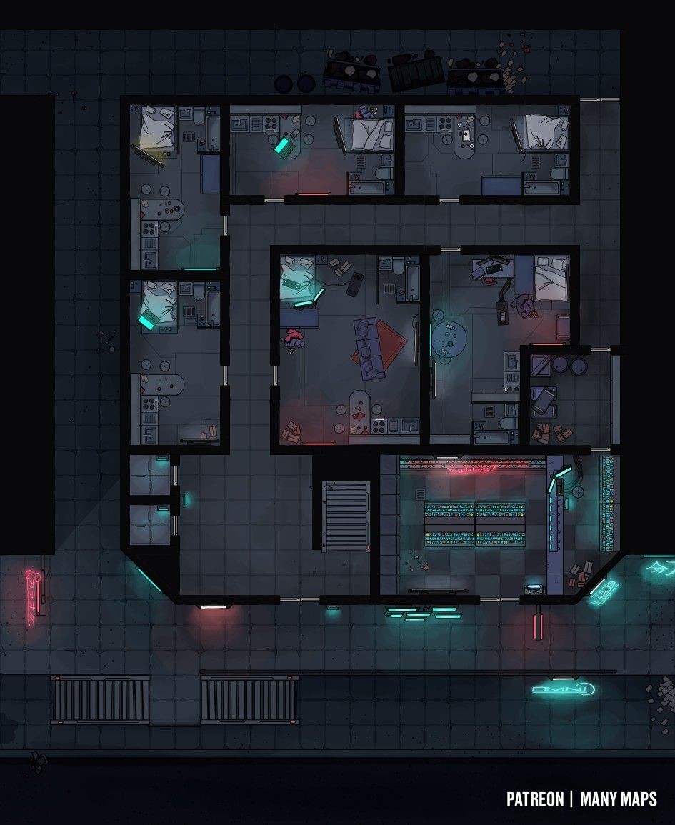 cyberpunk apartment map, carte de JDR science-fiction (945×1155 pixels) — battlemap pour Roll20 et Foundry VTT.