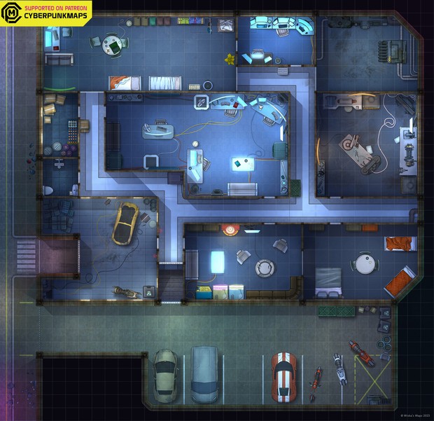 cyberpunk apartment map, carte de JDR science-fiction (620×601 pixels) — battlemap pour Roll20 et Foundry VTT.