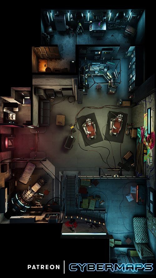 cyberpunk apartment map, carte de JDR science-fiction (500×889 pixels) — battlemap pour Roll20 et Foundry VTT.