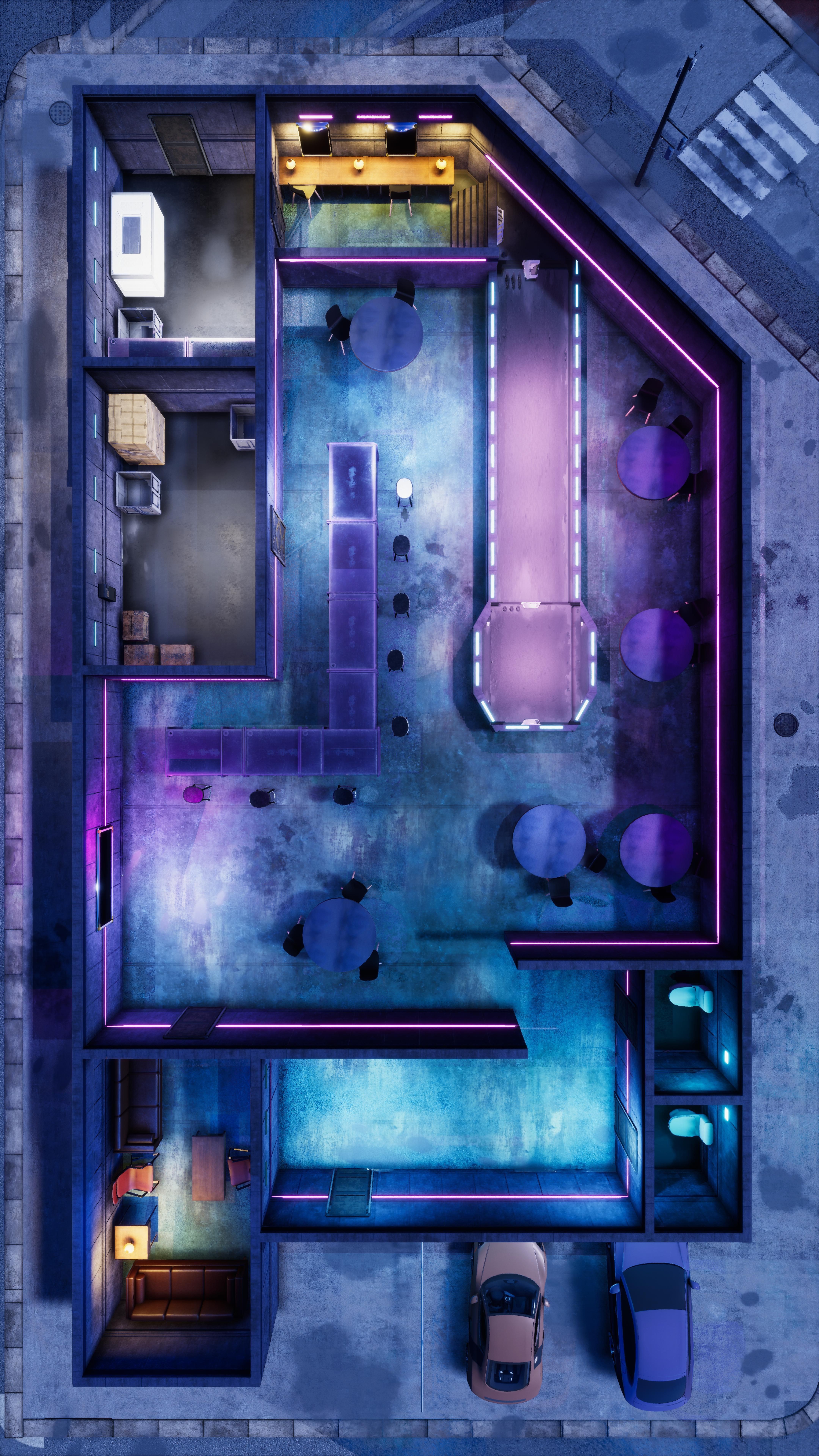 cyberpunk apartment map, carte de JDR science-fiction (4320×7680 pixels) — battlemap pour Roll20 et Foundry VTT.