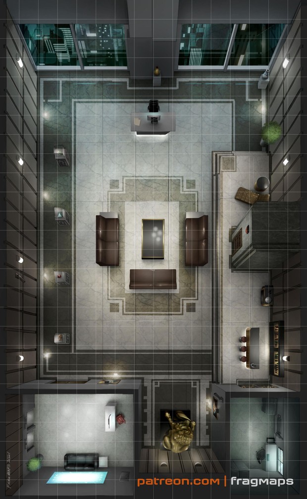 cyberpunk apartment map, carte de JDR science-fiction (620×1008 pixels) — battlemap pour Roll20 et Foundry VTT.