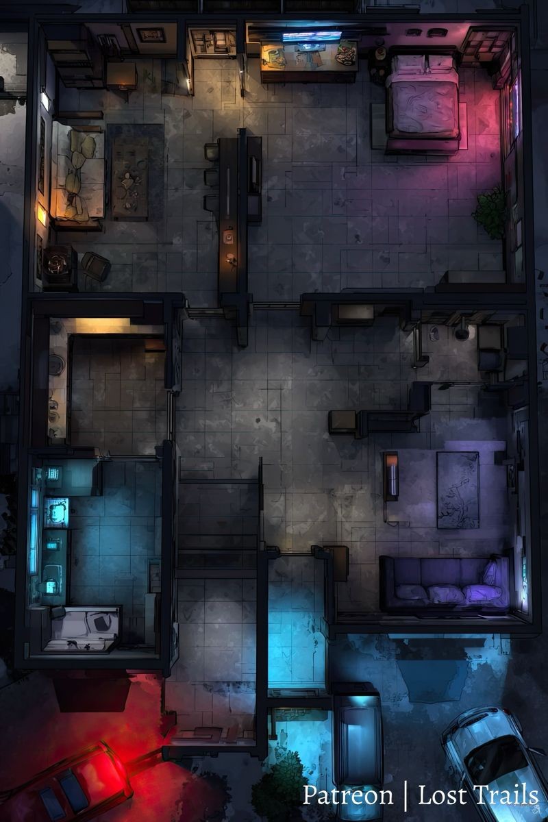 cyberpunk apartment map, carte de JDR science-fiction (800×1200 pixels) — battlemap pour Roll20 et Foundry VTT.