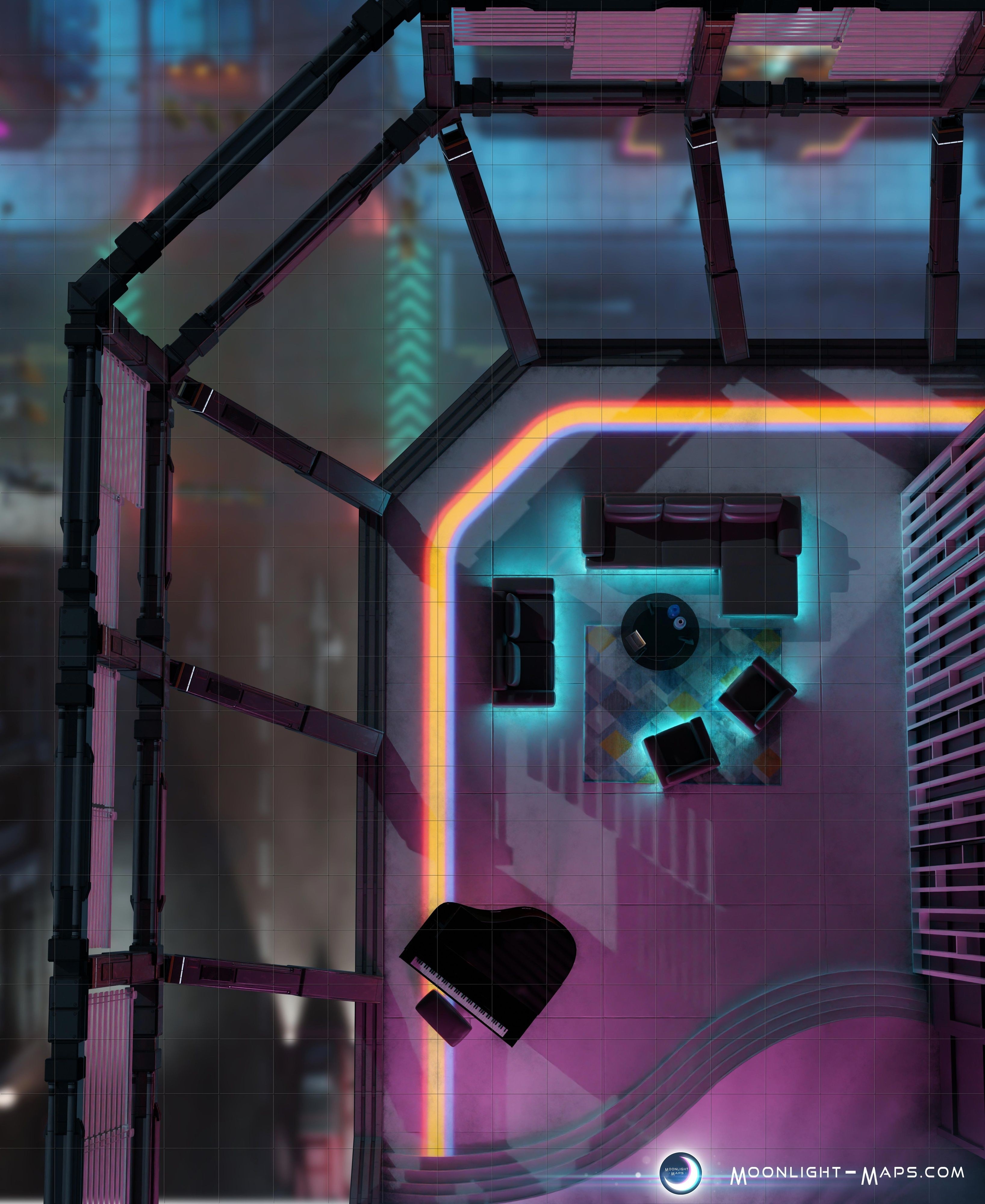 cyberpunk apartment map, carte de JDR science-fiction (3272×4000 pixels) — battlemap pour Roll20 et Foundry VTT.