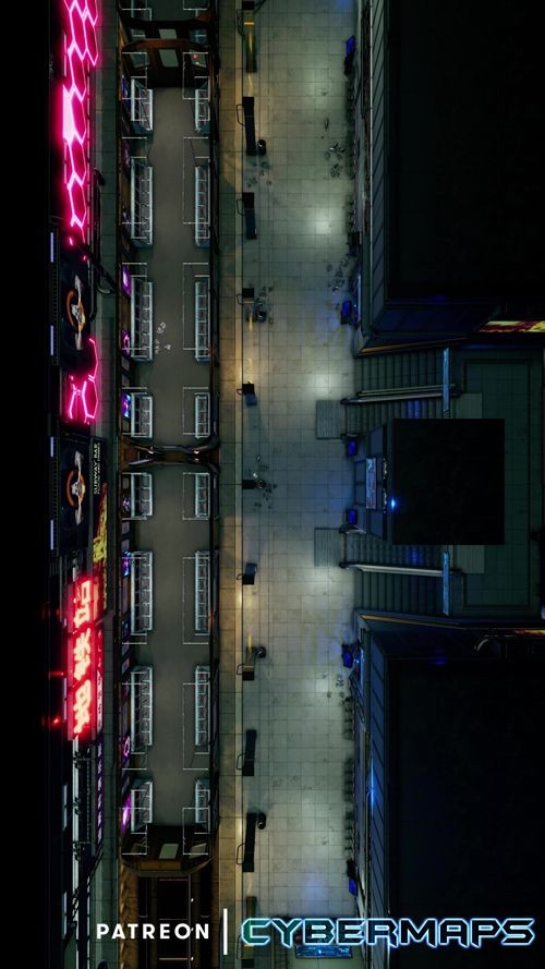 cyberpunk street map, carte de JDR science-fiction (500×889 pixels) — battlemap pour Roll20 et Foundry VTT.