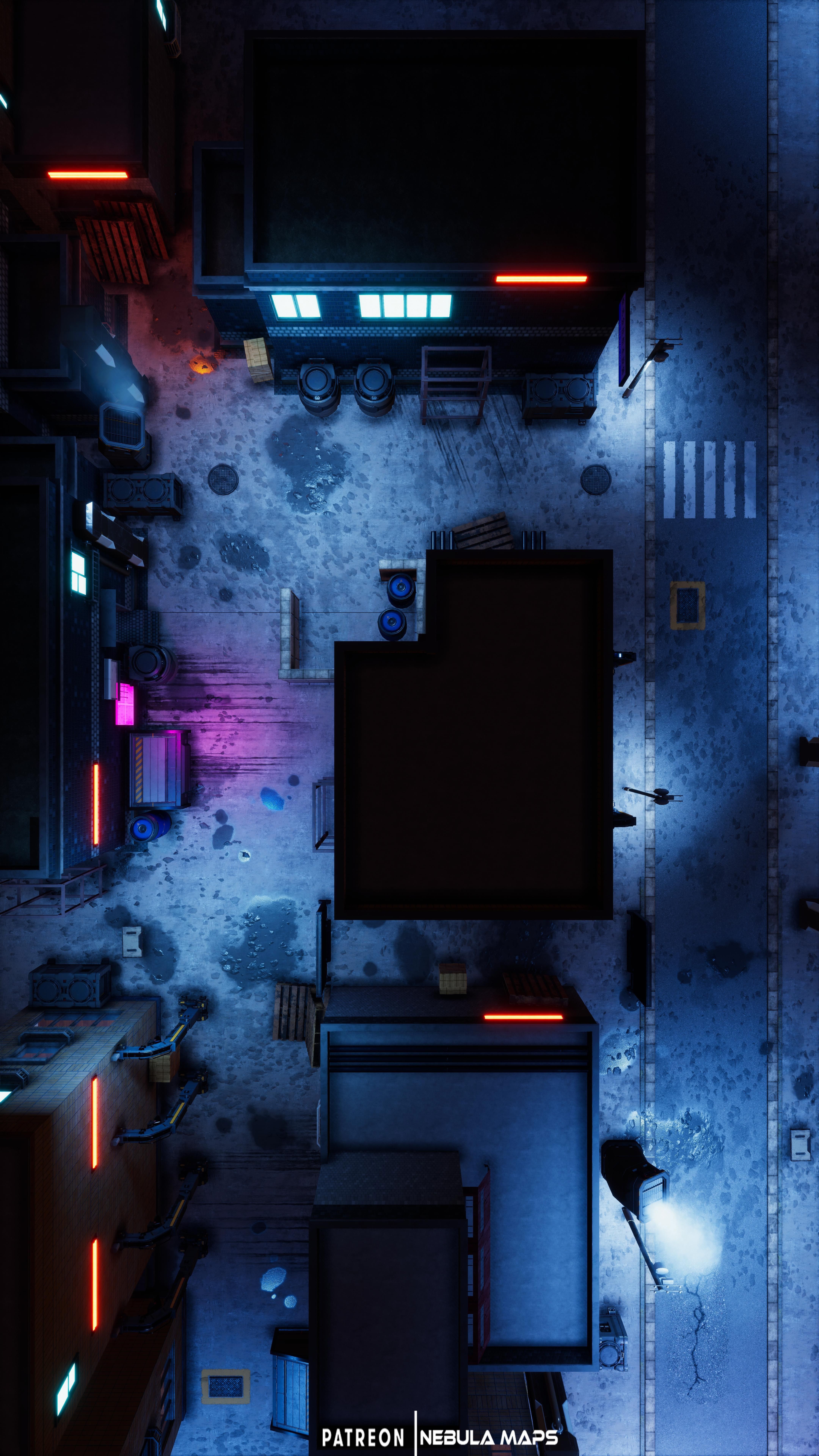 cyberpunk street map, carte de JDR science-fiction (4320×7680 pixels) — battlemap pour Roll20 et Foundry VTT.