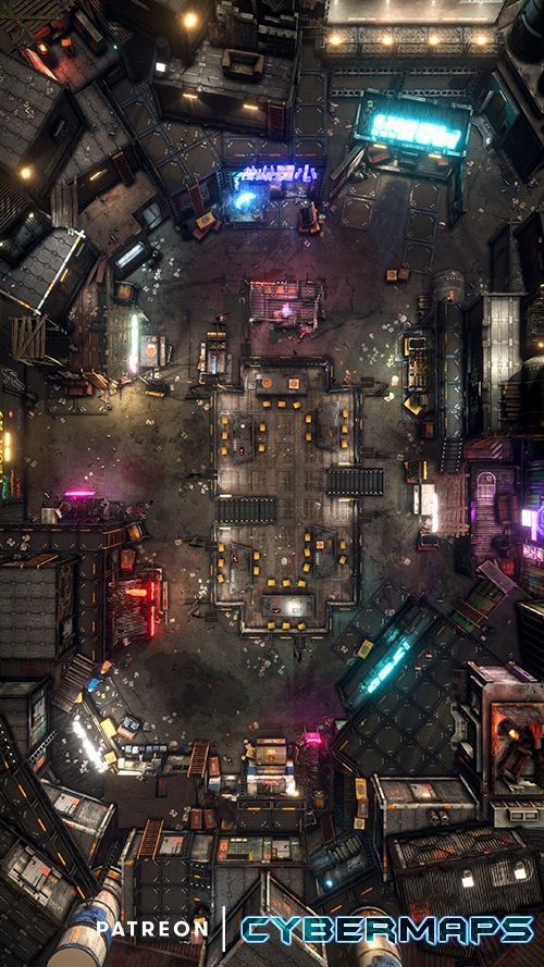 cyberpunk street map, carte de JDR science-fiction (500×889 pixels) — battlemap pour Roll20 et Foundry VTT.