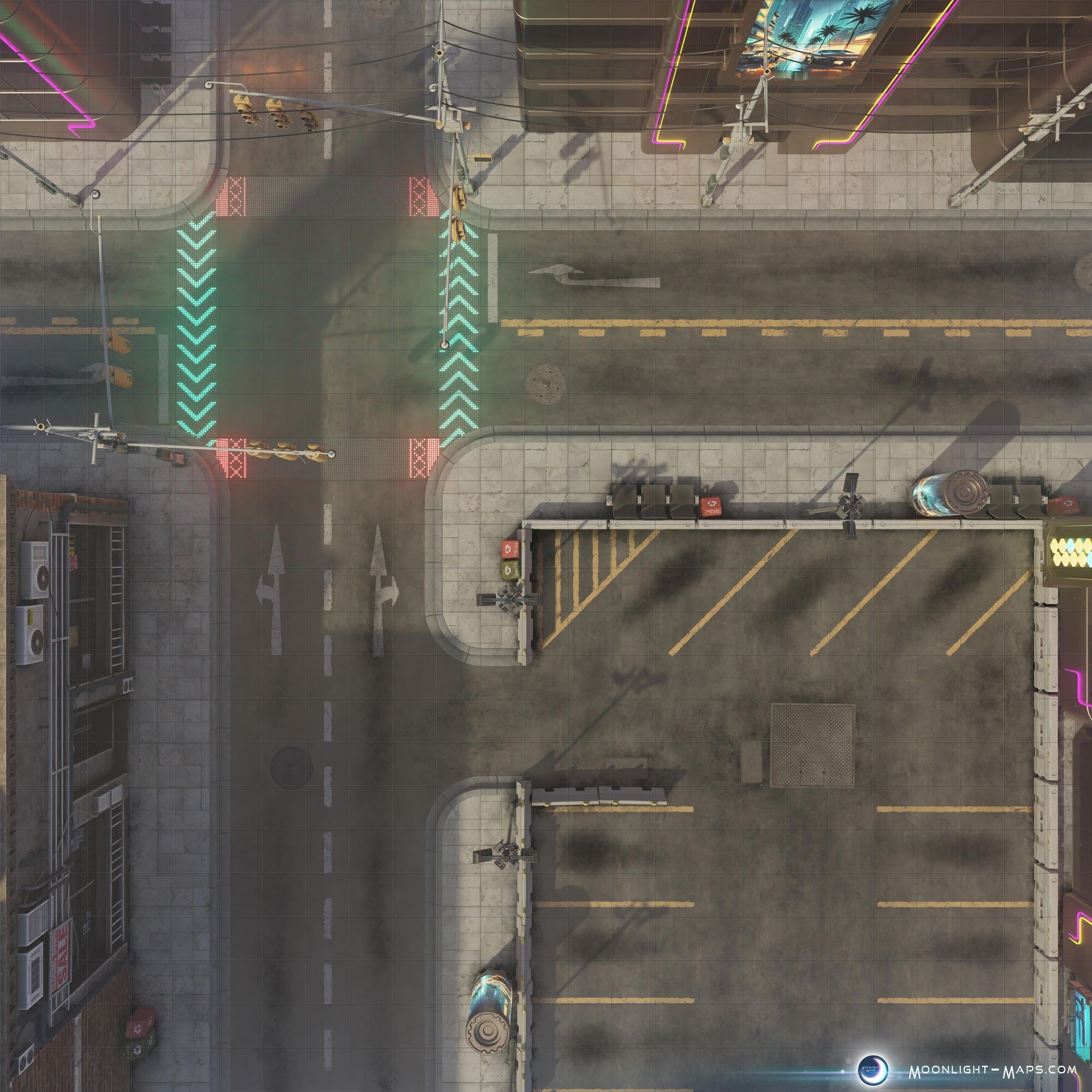 cyberpunk street map, carte de JDR science-fiction (2000×2000 pixels) — battlemap pour Roll20 et Foundry VTT.