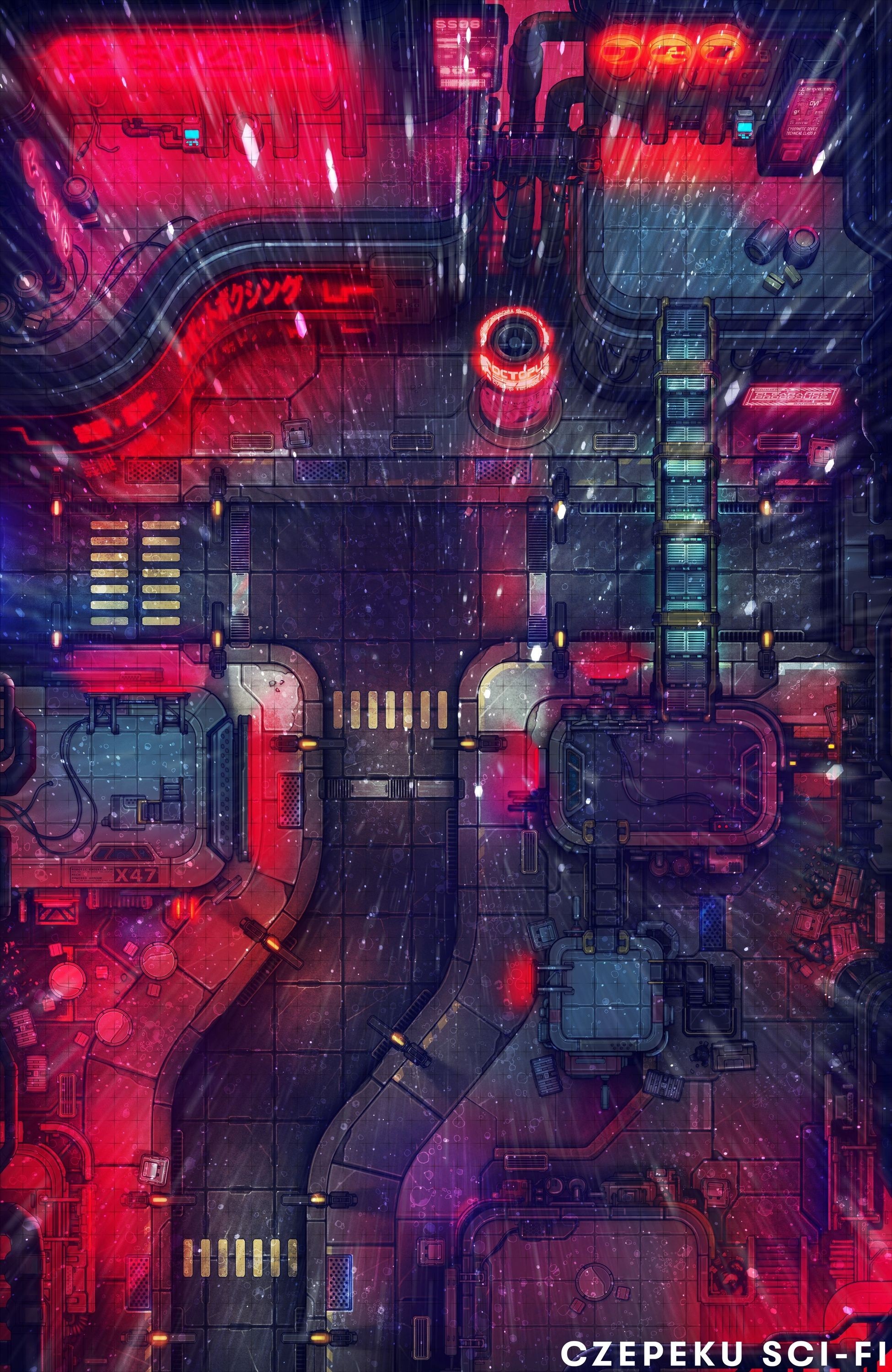 cyberpunk street map, carte de JDR science-fiction (1950×3000 pixels) — battlemap pour Roll20 et Foundry VTT.