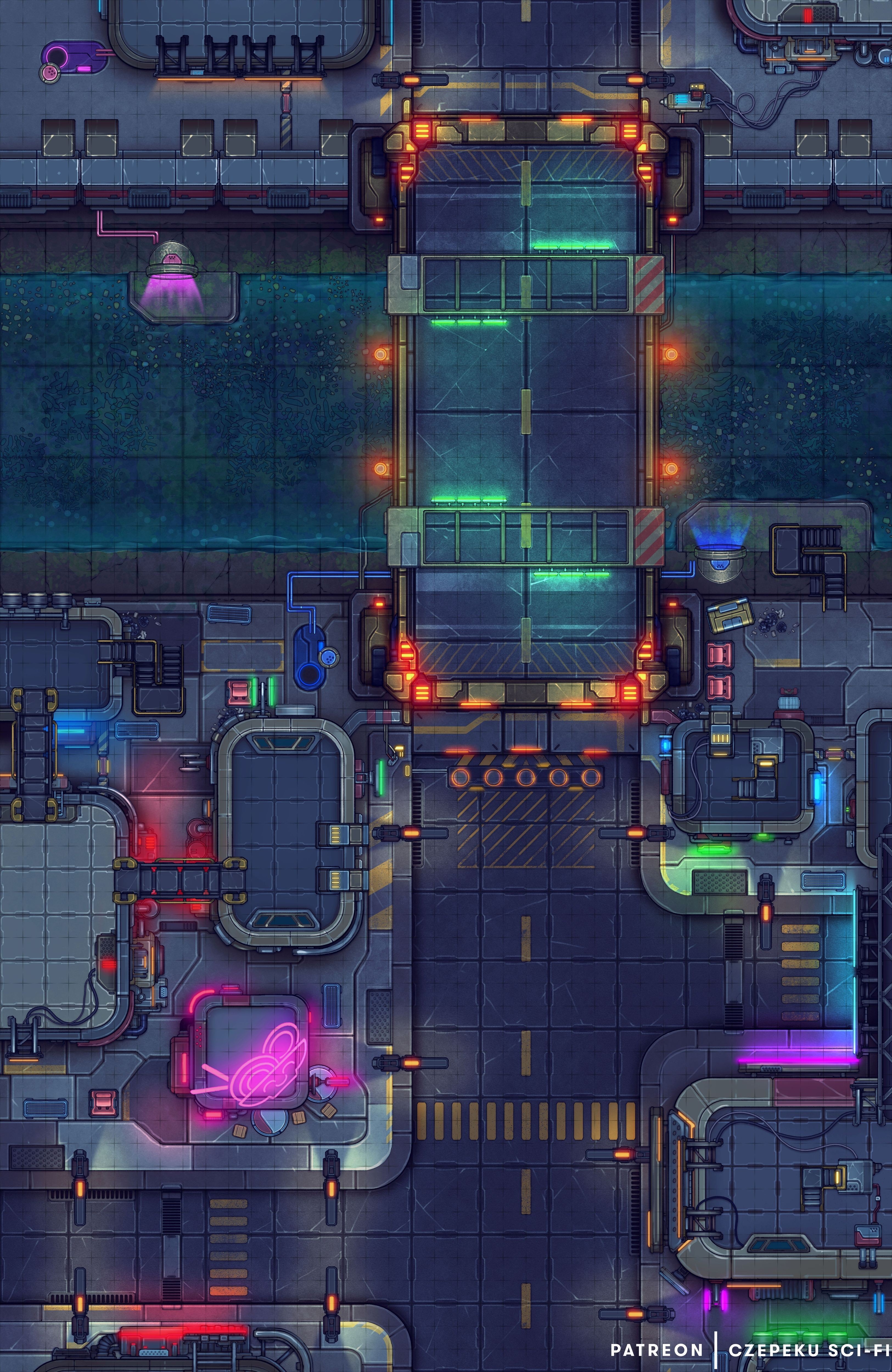 cyberpunk street map, carte de JDR science-fiction (3250×5000 pixels) — battlemap pour Roll20 et Foundry VTT.