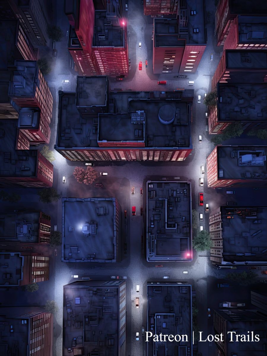 cyberpunk street map, carte de JDR science-fiction (900×1200 pixels) — battlemap pour Roll20 et Foundry VTT.