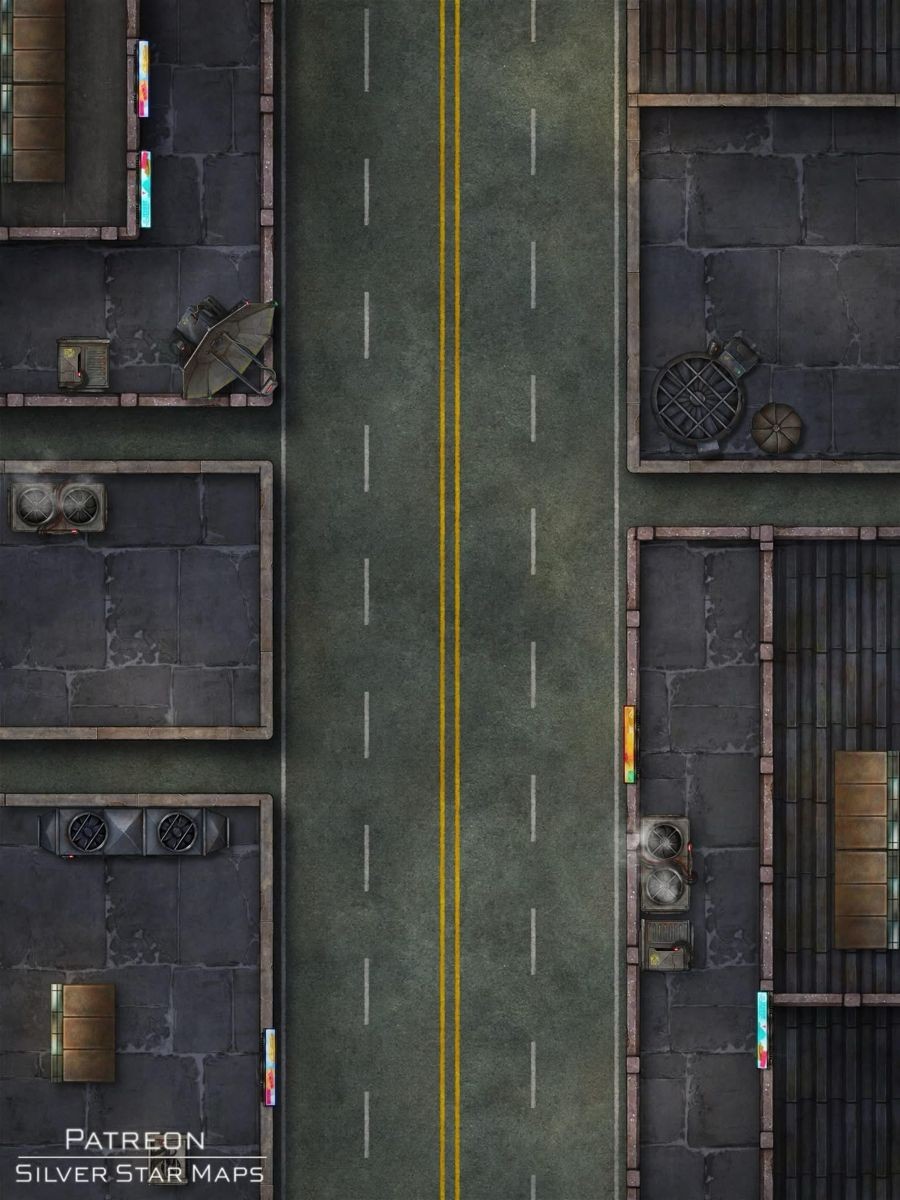 cyberpunk street map, carte de JDR science-fiction (900×1200 pixels) — battlemap pour Roll20 et Foundry VTT.