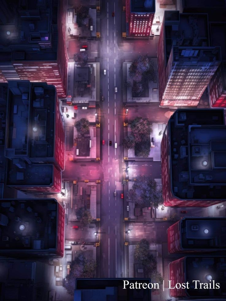 cyberpunk street map, carte de JDR science-fiction (736×981 pixels) — battlemap pour Roll20 et Foundry VTT.