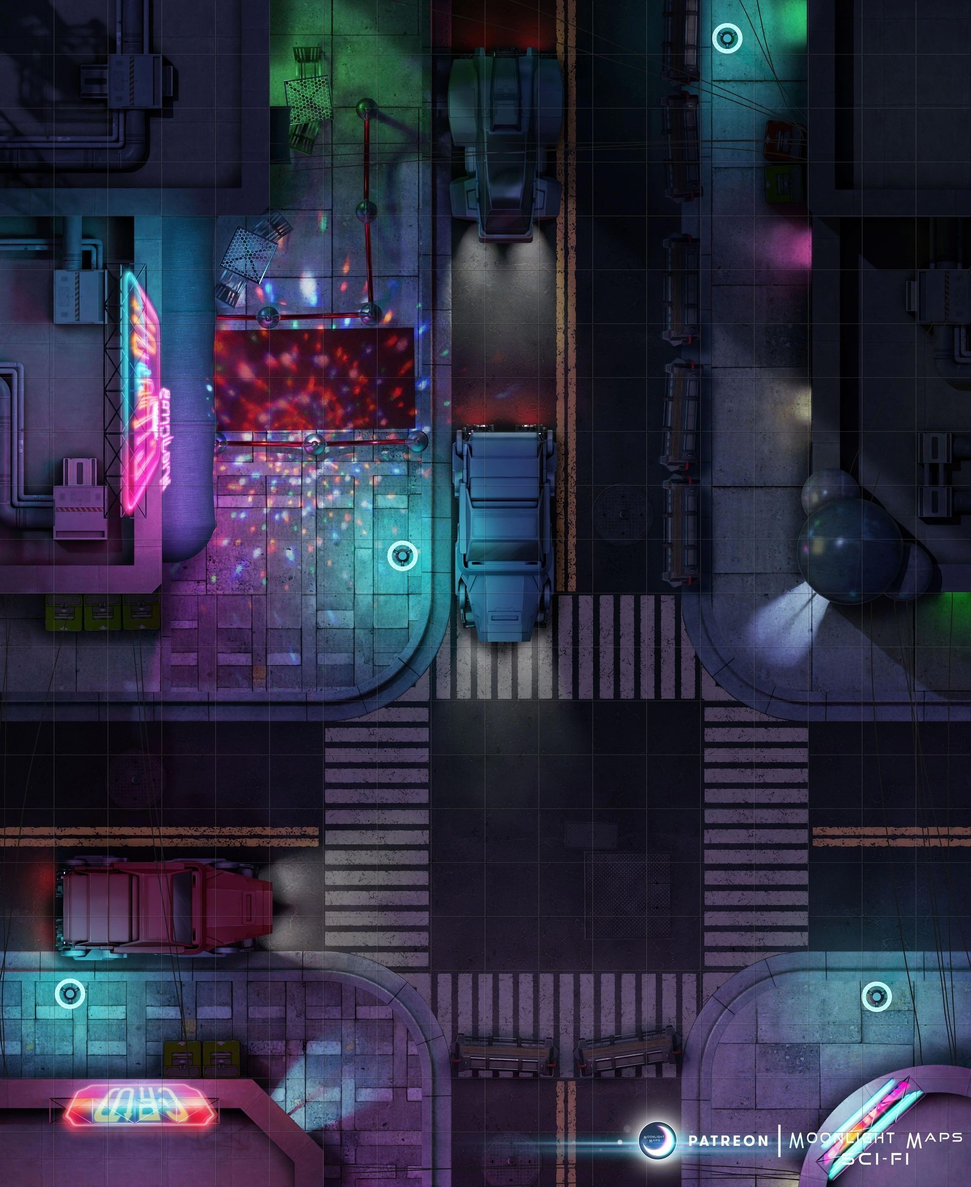 cyberpunk street map, carte de JDR science-fiction (2000×2445 pixels) — battlemap pour Roll20 et Foundry VTT.