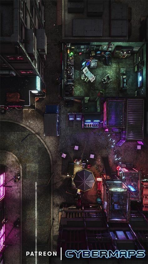 cyberpunk street map, carte de JDR science-fiction (474×842 pixels) — battlemap pour Roll20 et Foundry VTT.