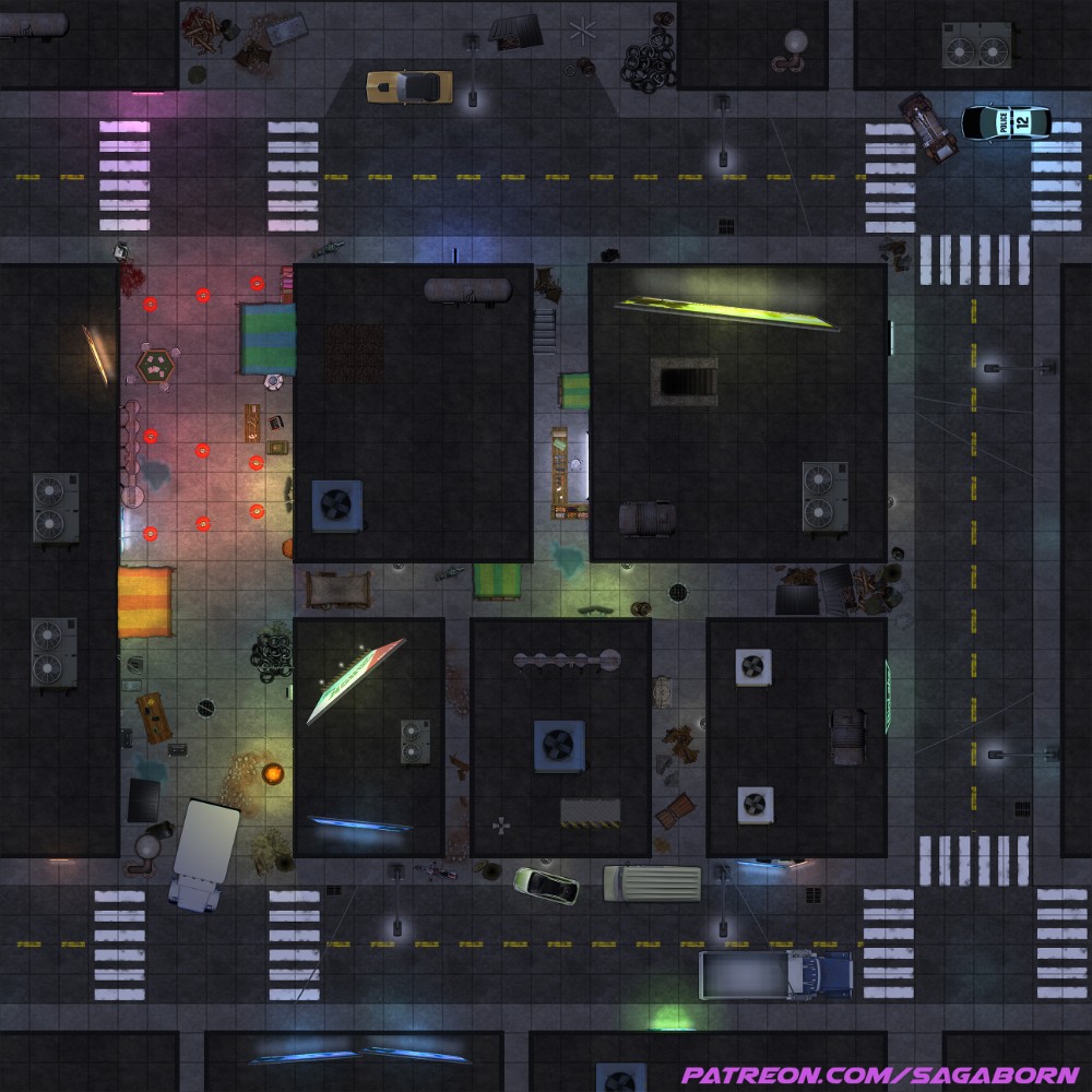 cyberpunk street map, carte de JDR science-fiction (1000×1000 pixels) — battlemap pour Roll20 et Foundry VTT.