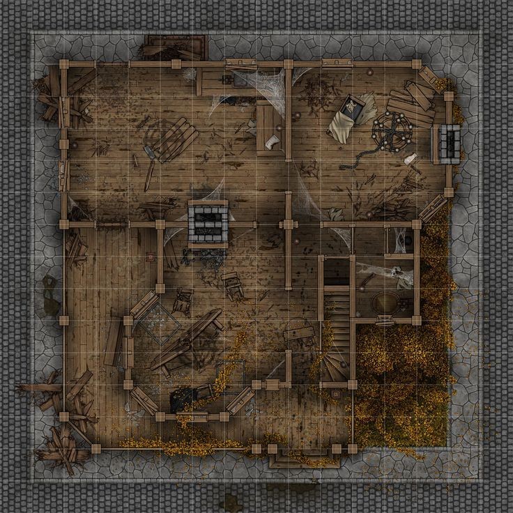 decayed building map, carte de JDR post-apocalyptique (736×736 pixels) — battlemap pour Roll20 et Foundry VTT.