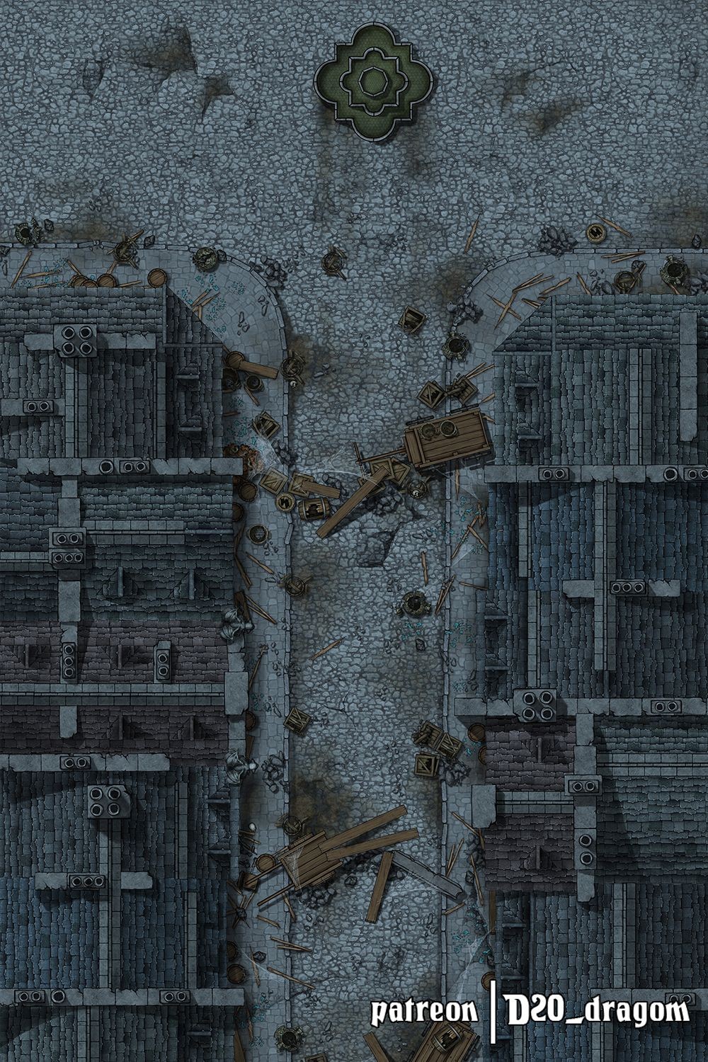 decayed building map, carte de JDR post-apocalyptique (1000×1500 pixels) — battlemap pour Roll20 et Foundry VTT.