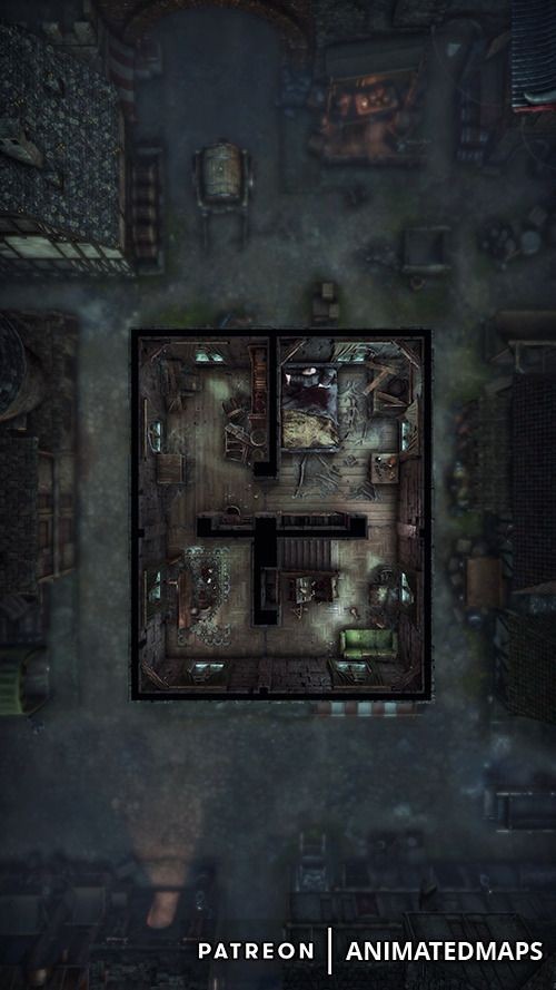 decayed building map, carte de JDR post-apocalyptique (500×889 pixels) — battlemap pour Roll20 et Foundry VTT.