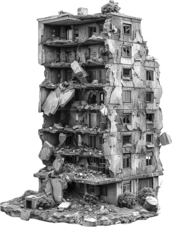 decayed building map, carte de JDR post-apocalyptique (547×722 pixels) — battlemap pour Roll20 et Foundry VTT.
