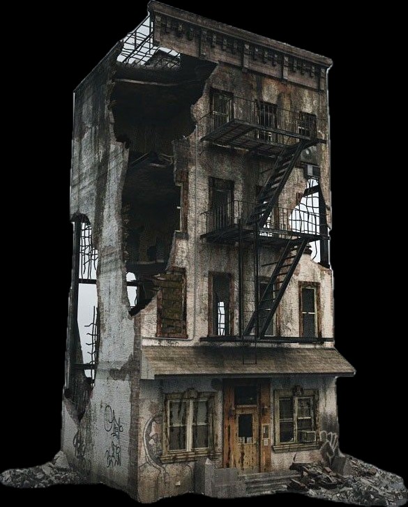 decayed building map, carte de JDR post-apocalyptique (585×727 pixels) — battlemap pour Roll20 et Foundry VTT.