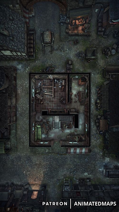 decaying factory ruined map, carte de JDR post-apocalyptique (500×889 pixels) — battlemap pour Roll20 et Foundry VTT.