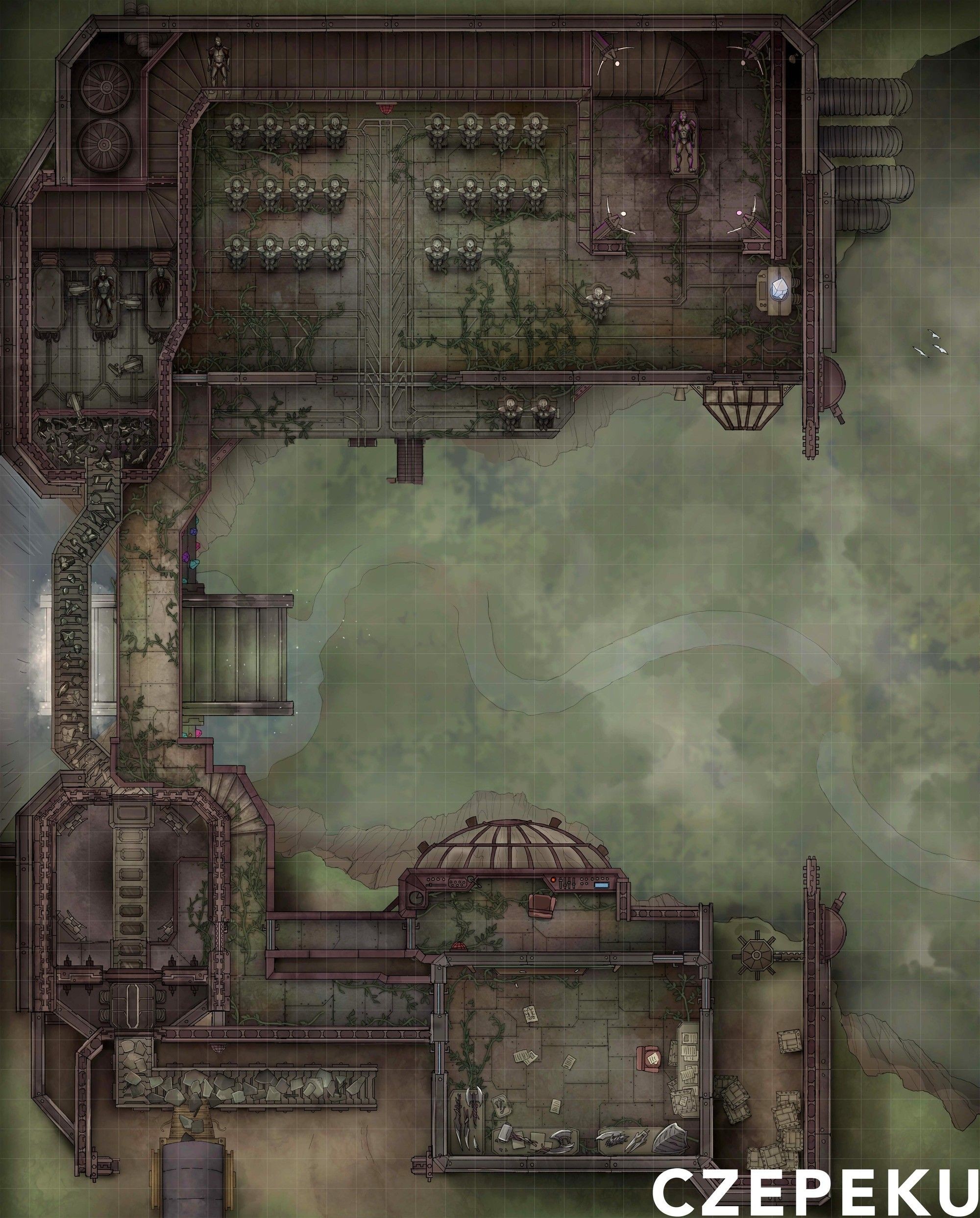 decaying factory ruined map, carte de JDR post-apocalyptique (2000×2485 pixels) — battlemap pour Roll20 et Foundry VTT.