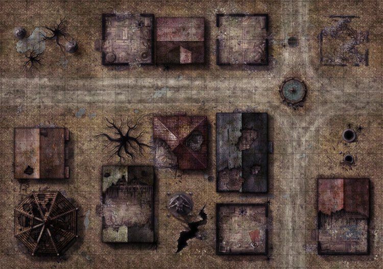 decaying factory ruined map, carte de JDR post-apocalyptique (750×527 pixels) — battlemap pour Roll20 et Foundry VTT.