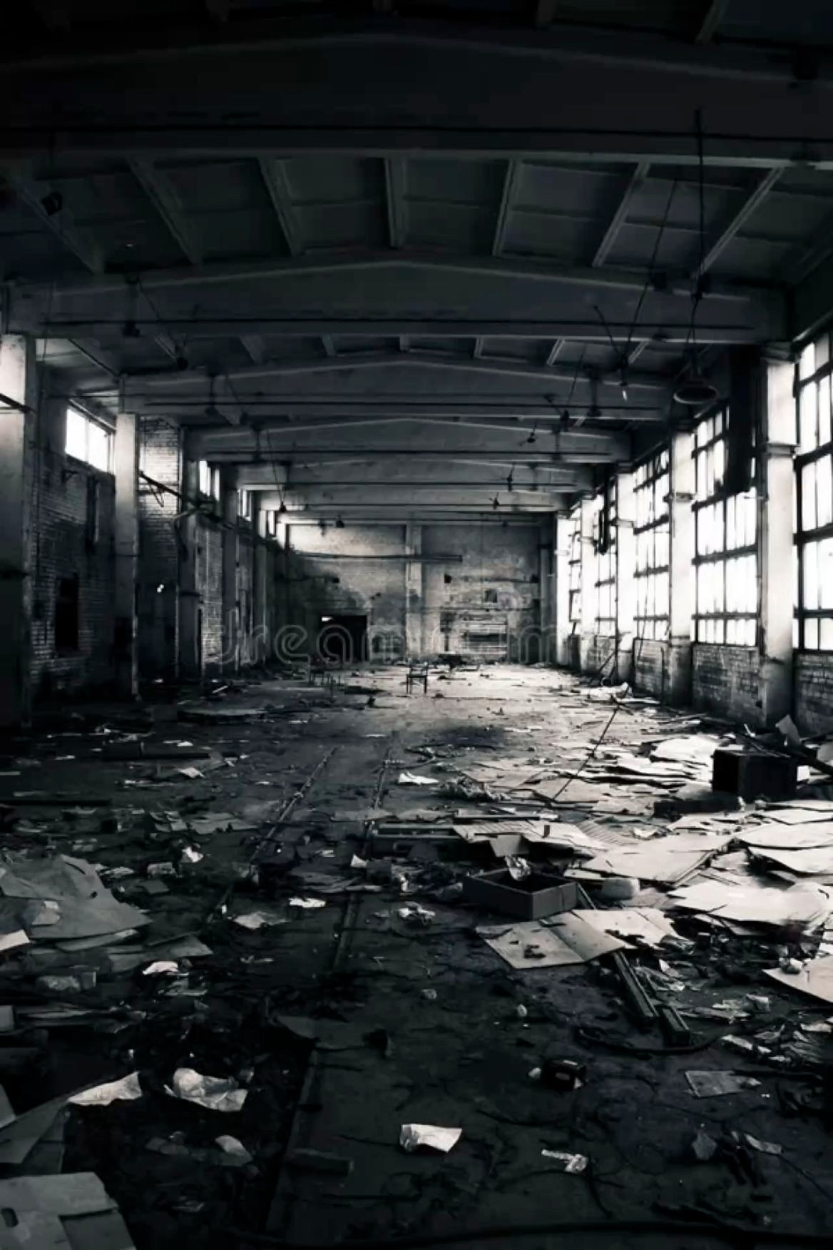 decaying factory ruined map, carte de JDR post-apocalyptique (1168×1752 pixels) — battlemap pour Roll20 et Foundry VTT.