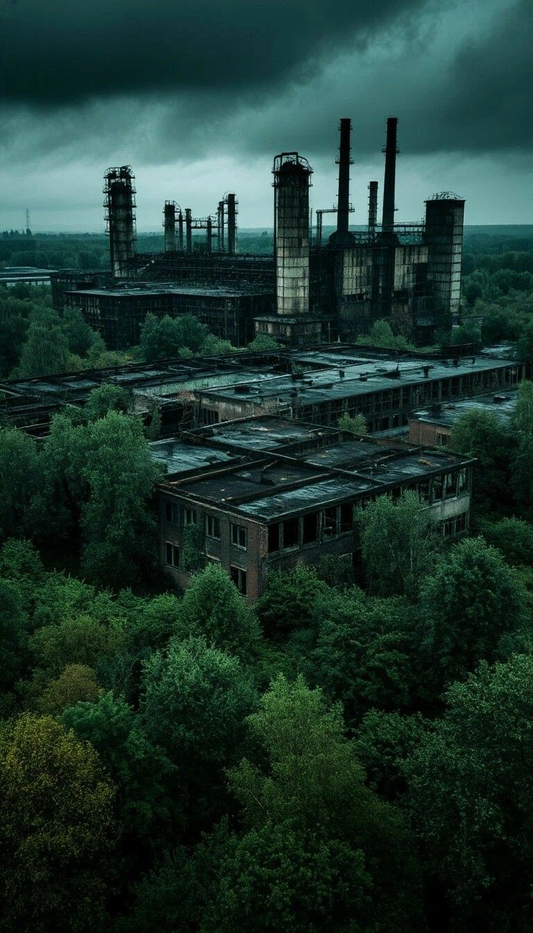 decaying factory ruined map, carte de JDR post-apocalyptique (768×1344 pixels) — battlemap pour Roll20 et Foundry VTT.