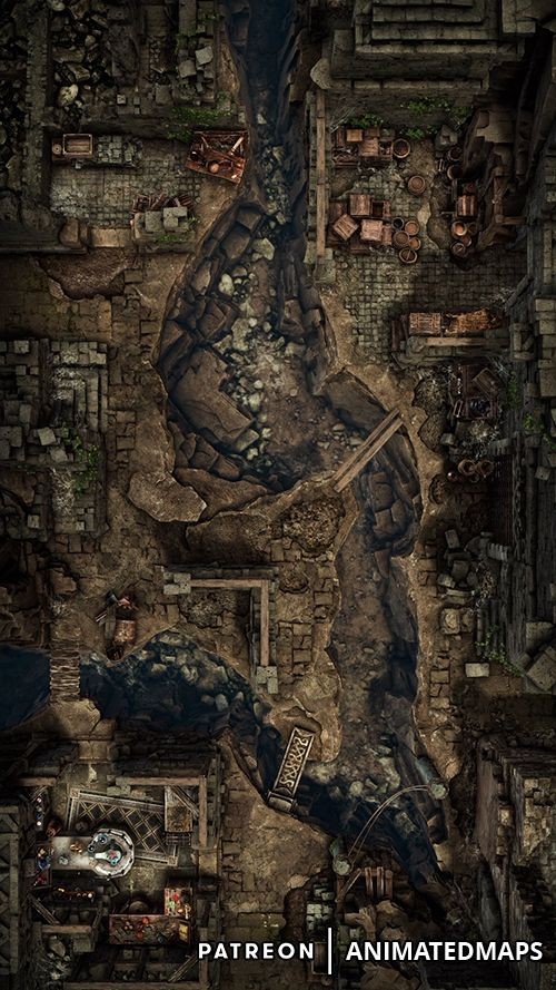 decaying factory ruined map, carte de JDR post-apocalyptique (500×889 pixels) — battlemap pour Roll20 et Foundry VTT.