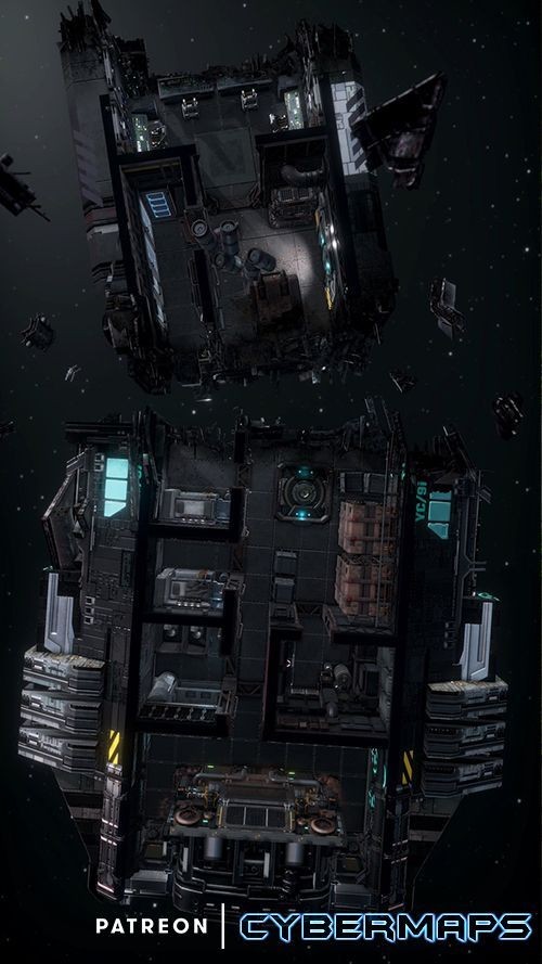 derelict spaceship map, carte de JDR science-fiction (500×889 pixels) — battlemap pour Roll20 et Foundry VTT.