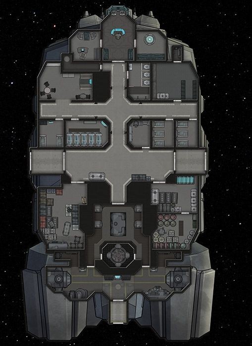 derelict spaceship map, carte de JDR science-fiction (509×700 pixels) — battlemap pour Roll20 et Foundry VTT.