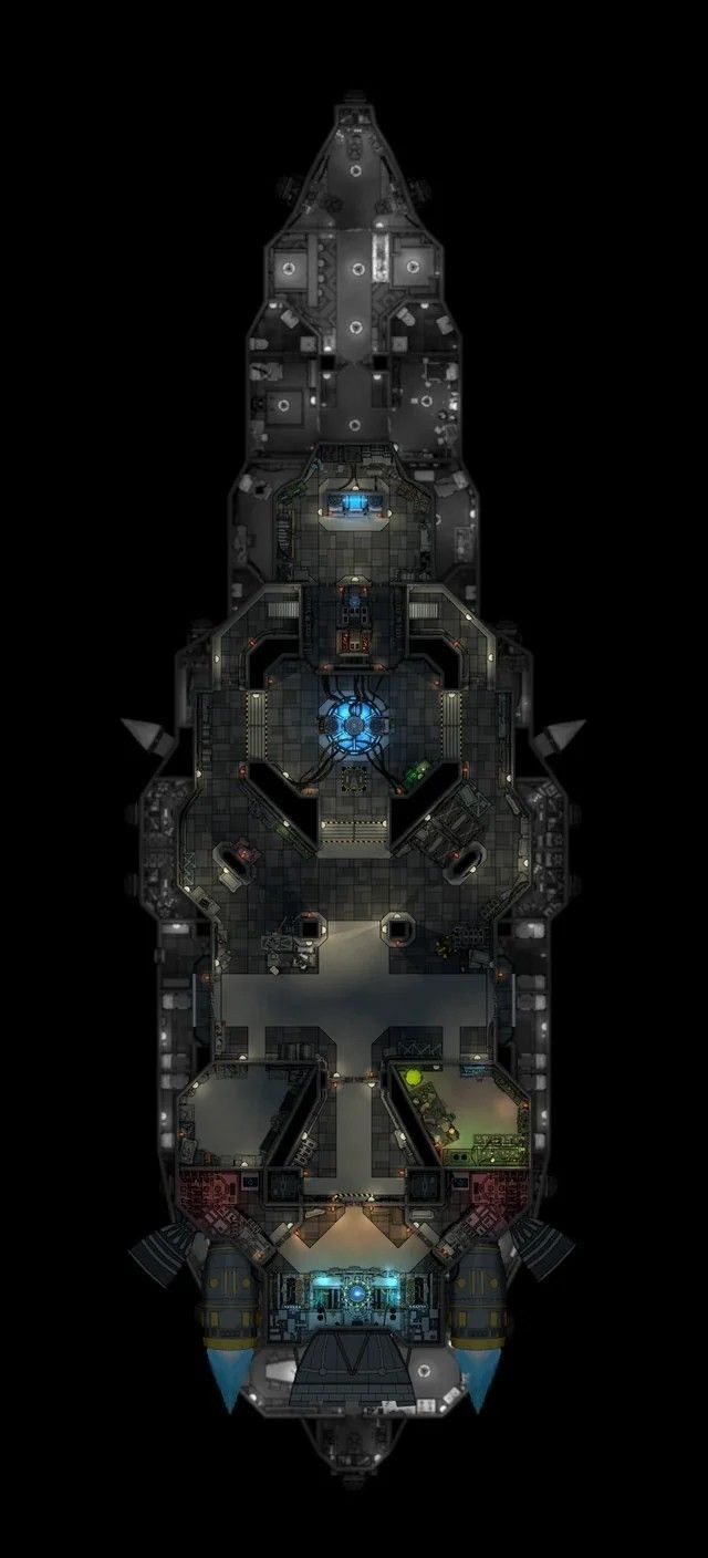 derelict spaceship map, carte de JDR science-fiction (640×1408 pixels) — battlemap pour Roll20 et Foundry VTT.