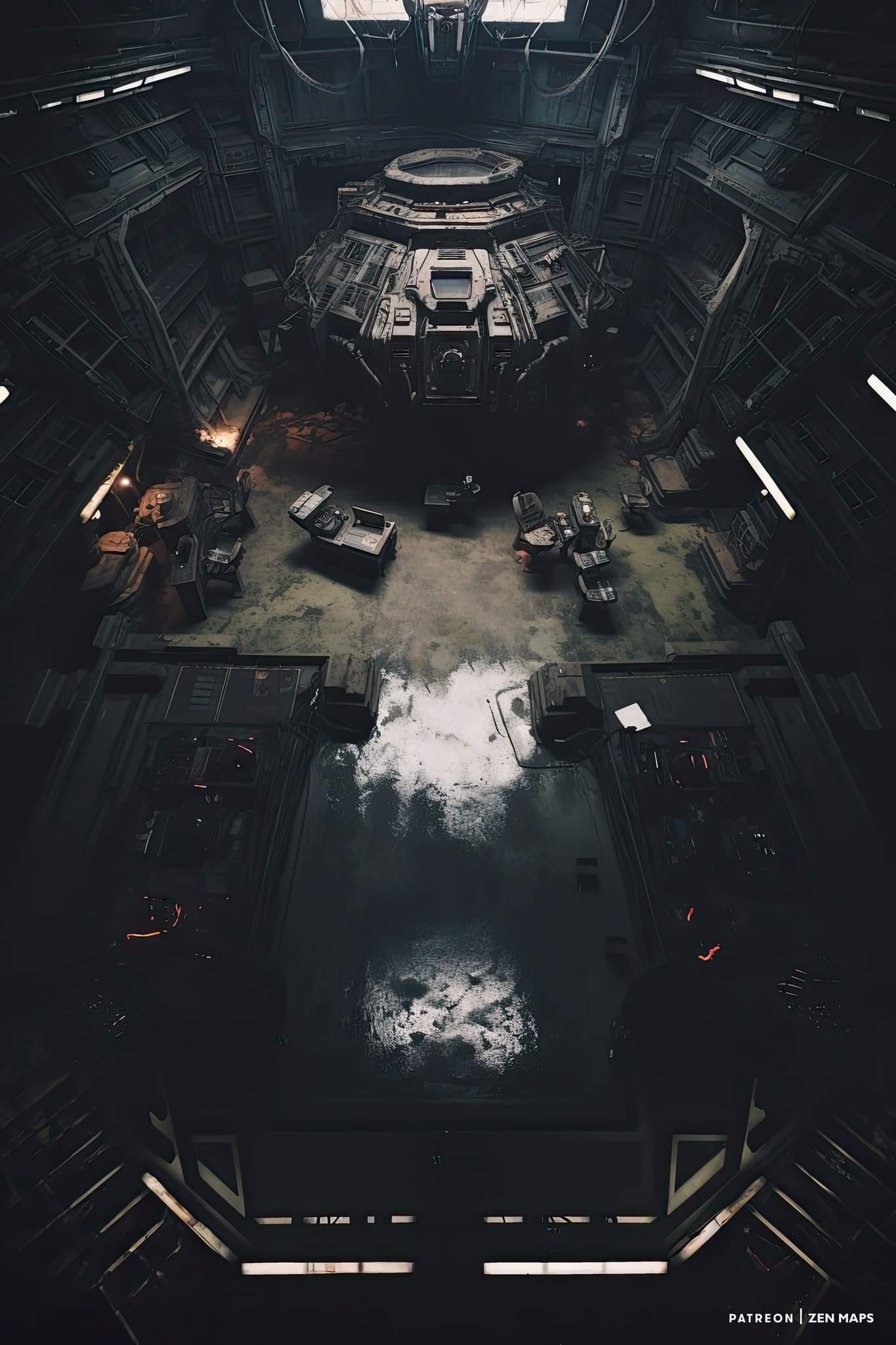 derelict spaceship map, carte de JDR science-fiction (1365×2048 pixels) — battlemap pour Roll20 et Foundry VTT.