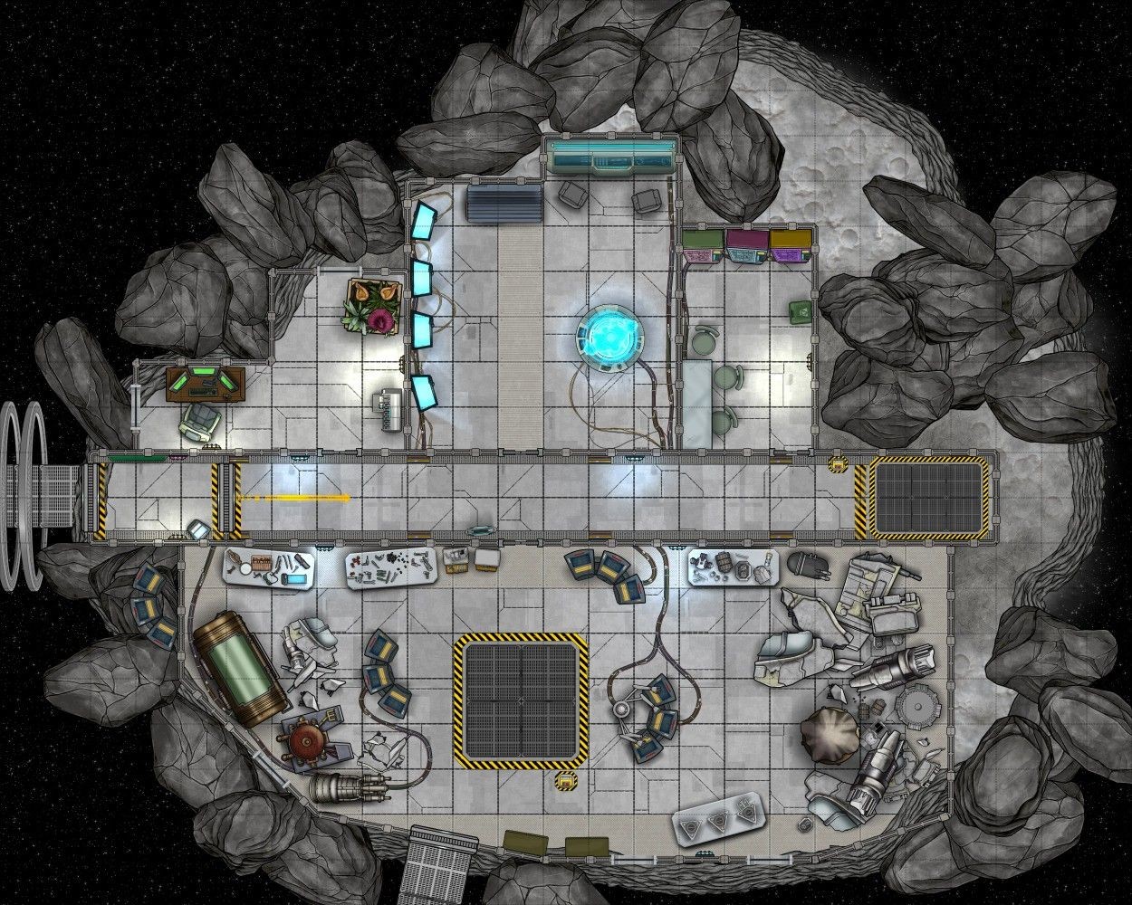 derelict spaceship map, carte de JDR science-fiction (1250×1000 pixels) — battlemap pour Roll20 et Foundry VTT.
