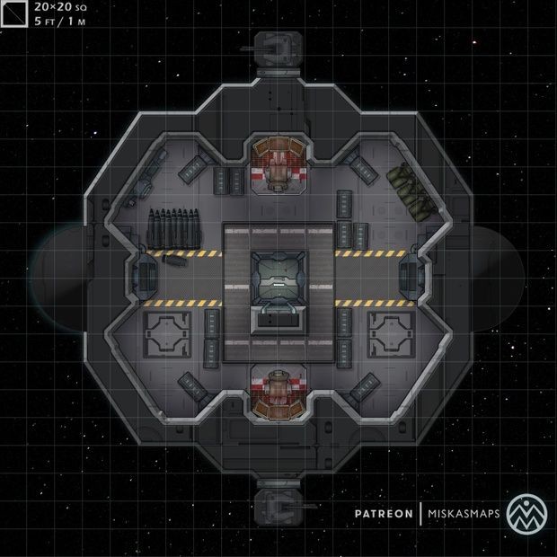 derelict spaceship map, carte de JDR science-fiction (620×620 pixels) — battlemap pour Roll20 et Foundry VTT.
