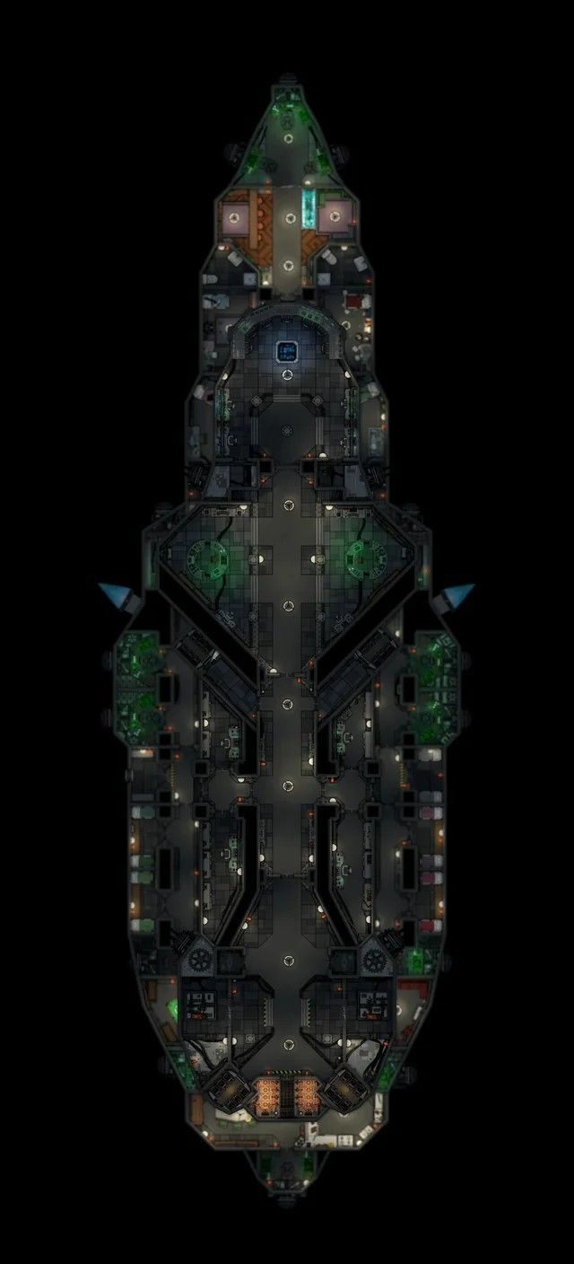 derelict spaceship map, carte de JDR science-fiction (640×1408 pixels) — battlemap pour Roll20 et Foundry VTT.