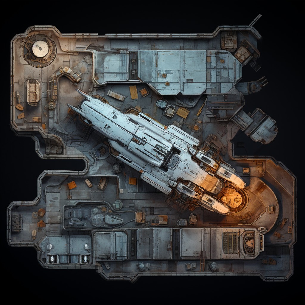 derelict spaceship map, carte de JDR science-fiction (1024×1024 pixels) — battlemap pour Roll20 et Foundry VTT.
