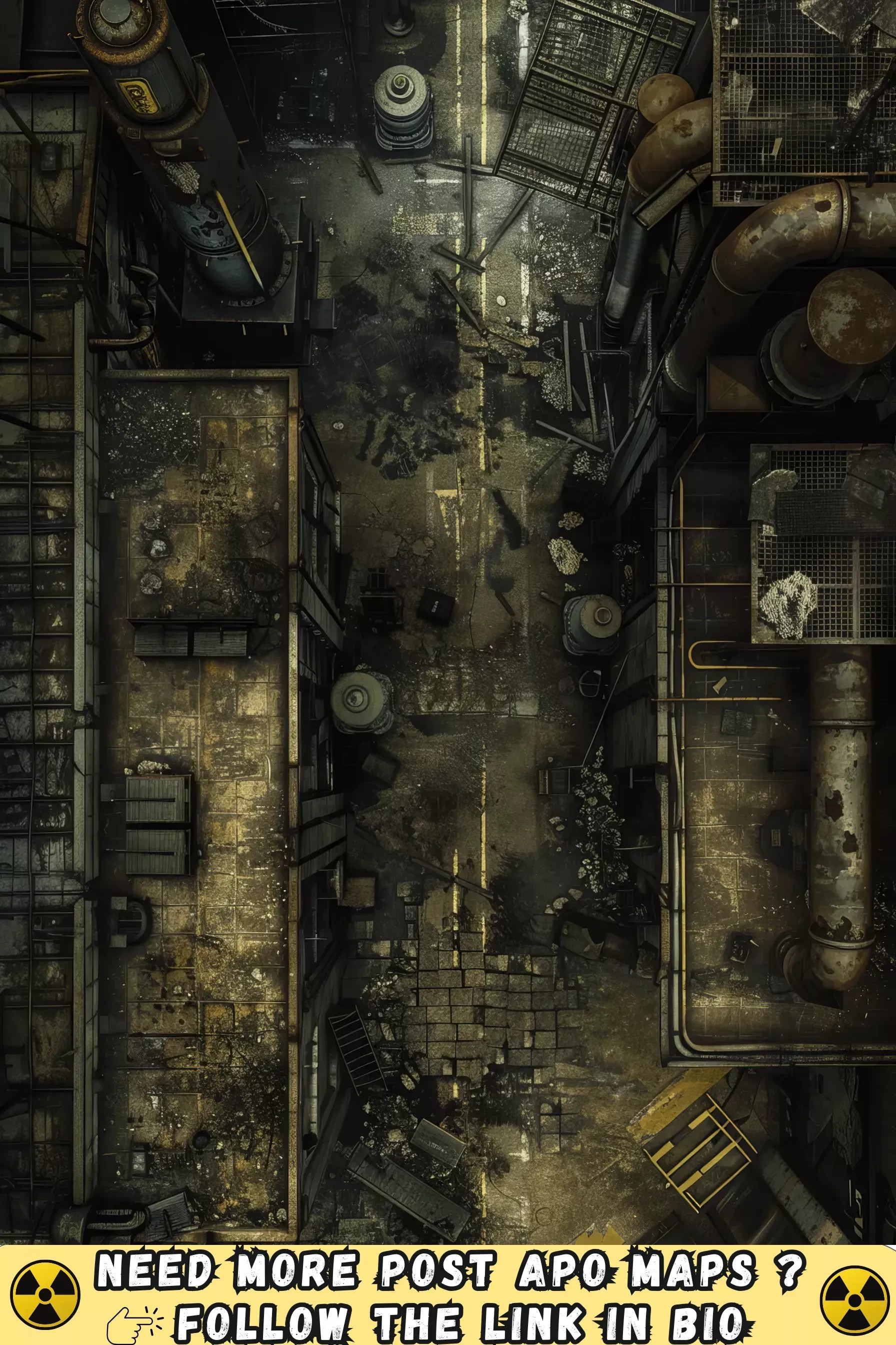 derelict subway map, carte de JDR post-apocalyptique (1792×2688 pixels) — battlemap pour Roll20 et Foundry VTT.