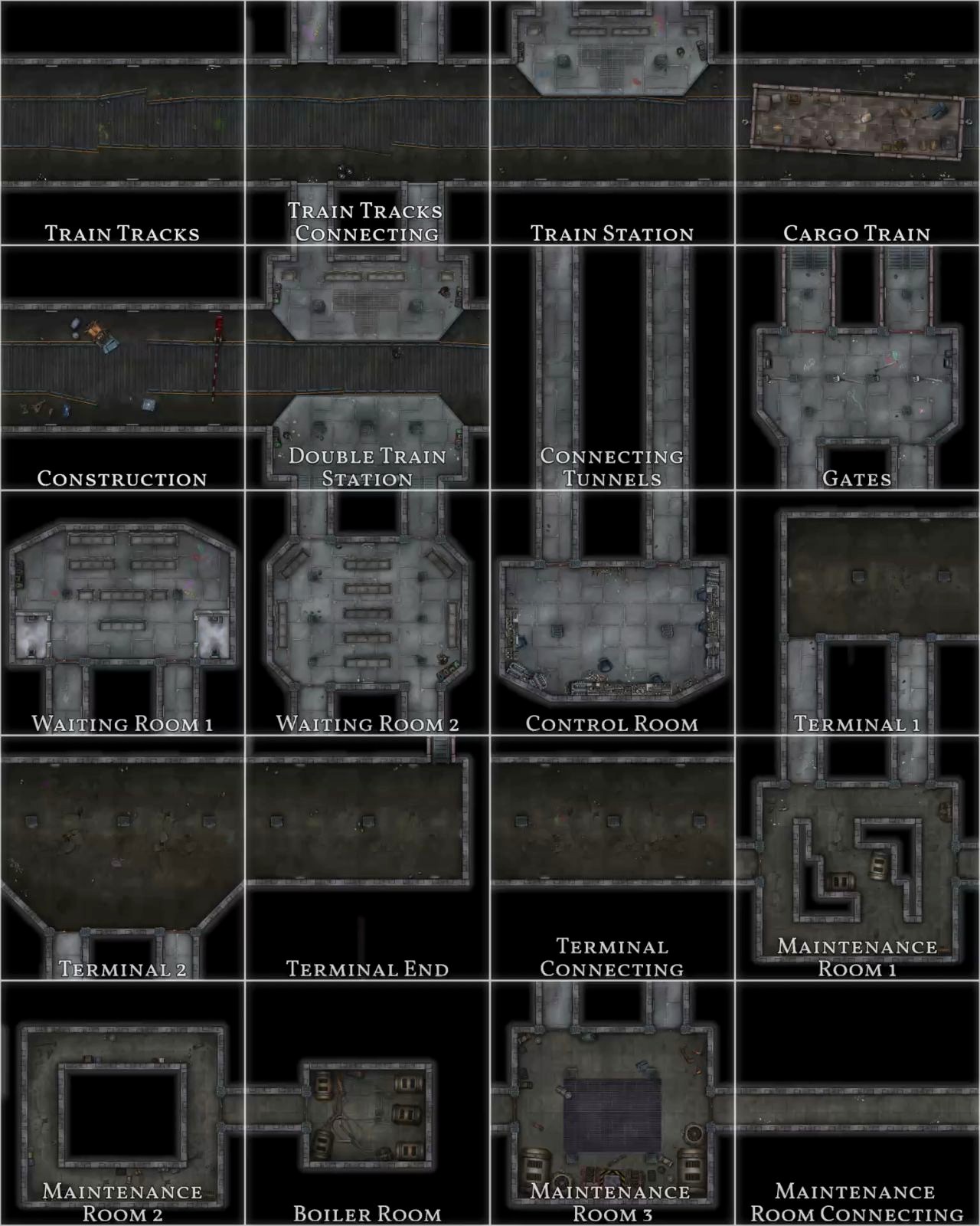 derelict subway map, carte de JDR post-apocalyptique (1280×1600 pixels) — battlemap pour Roll20 et Foundry VTT.