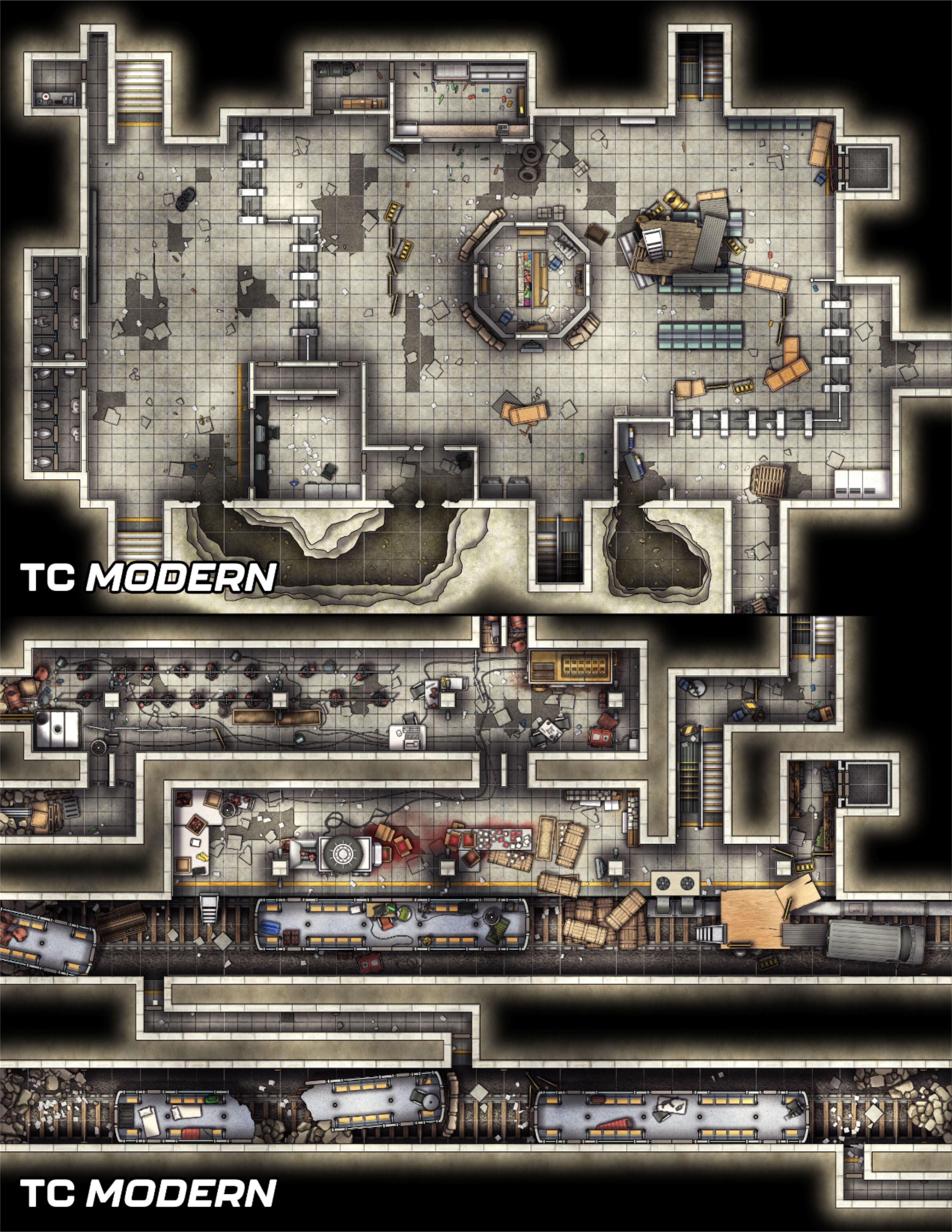 derelict subway map, carte de JDR post-apocalyptique (3166×4097 pixels) — battlemap pour Roll20 et Foundry VTT.