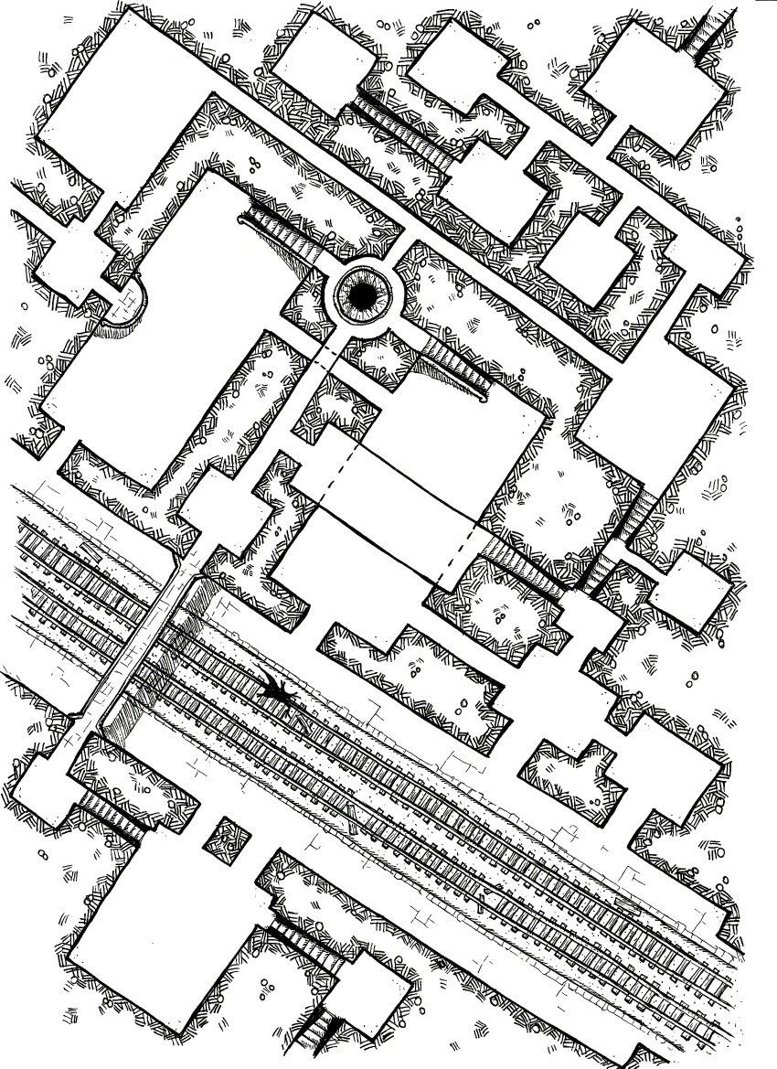 derelict subway map, carte de JDR post-apocalyptique (850×1169 pixels) — battlemap pour Roll20 et Foundry VTT.