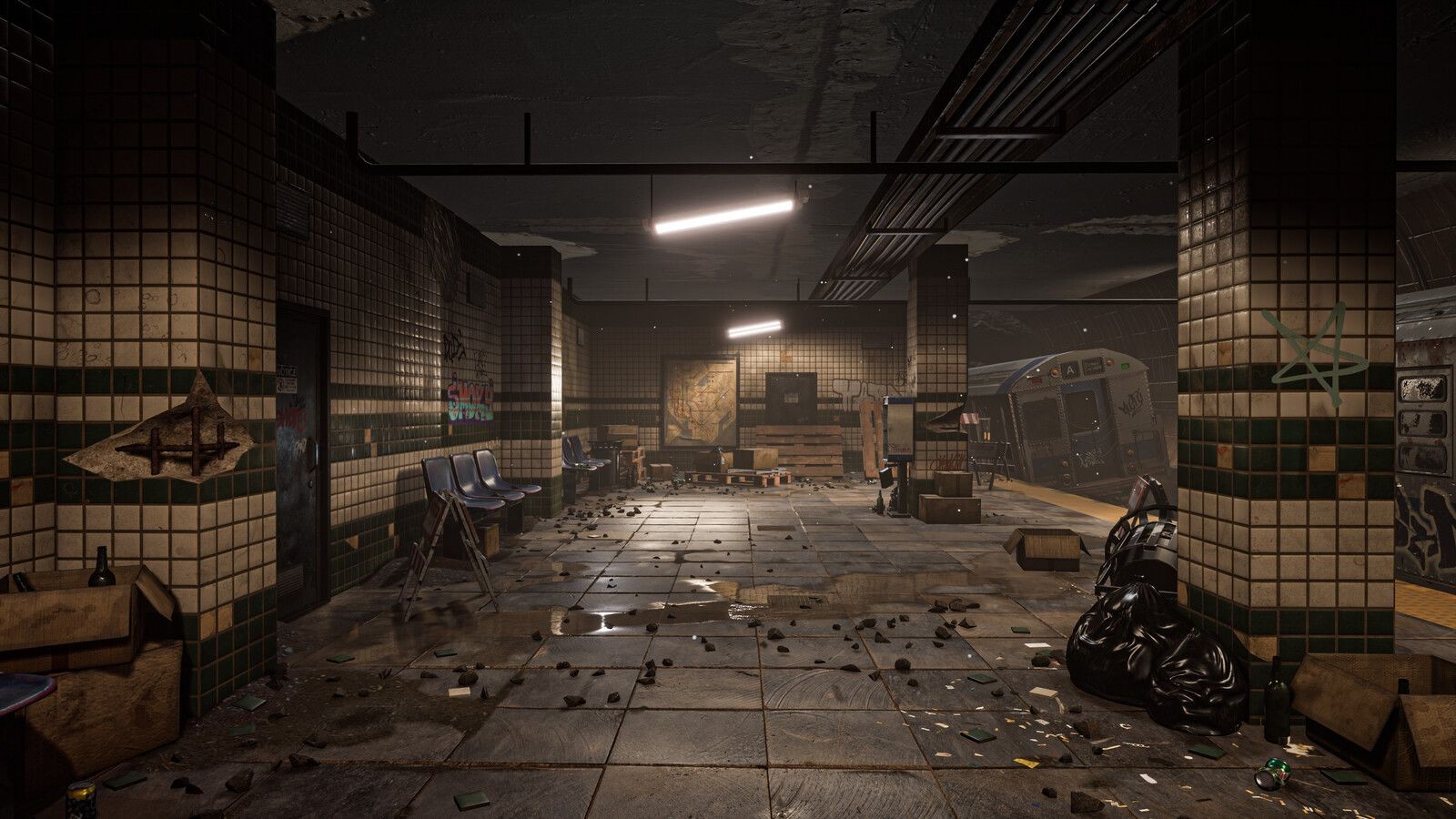 derelict subway map, carte de JDR post-apocalyptique (1600×900 pixels) — battlemap pour Roll20 et Foundry VTT.